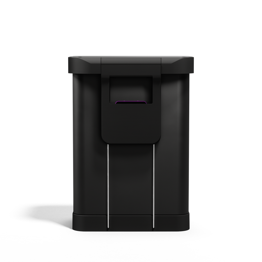Simplehuman 55L Rectangular Step Can, Matte Black back view showing liner pocket dispenser.