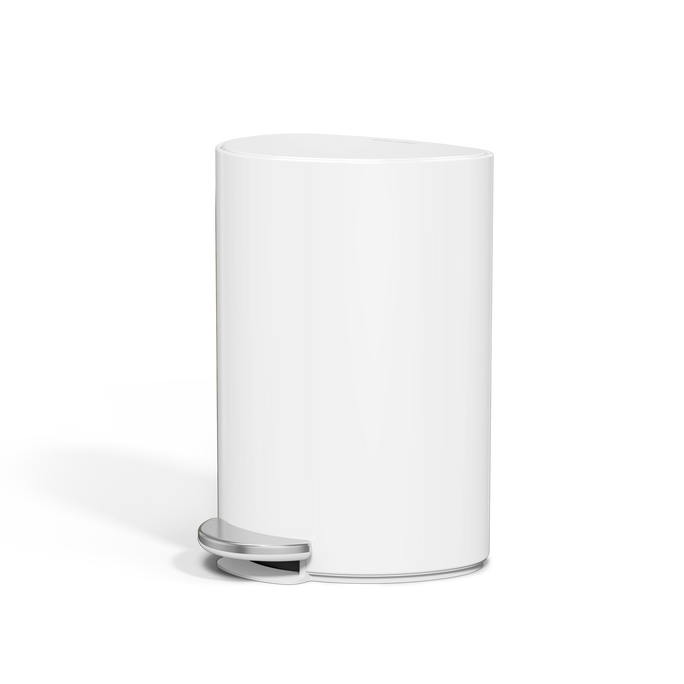 Simplehuman 6L Semi-Round Step Can, Detail view of White body showing durable steel pedal mechanism for hands-free operation.