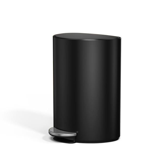 Simplehuman 6L Semi-Round Step Can in Matte Black, space-saving design with durable stainless steel pedal.