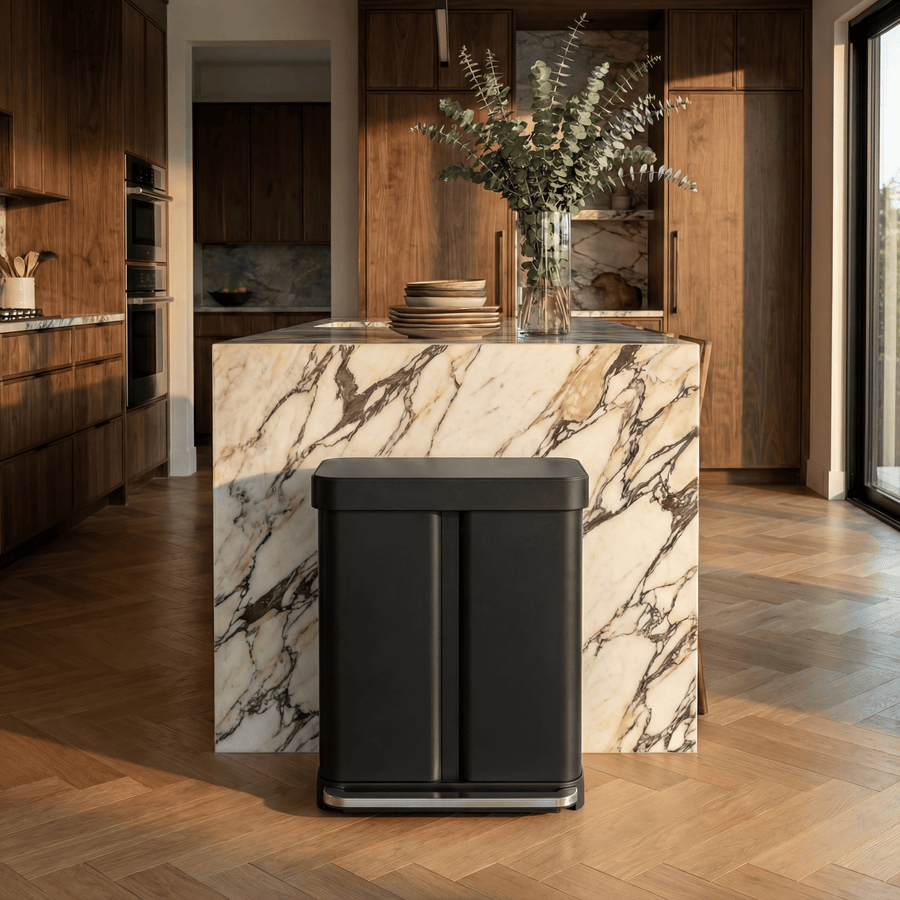 Simplehuman's 58L Step Recycler in Brushed featuring a marble counter top with plants and dishes on top and wooden cabinets in the background with warmer mood lighting.