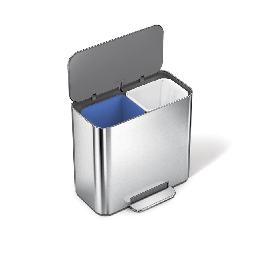Simplehuman 15L Mini Recycler Step Can, Brushed Stainless Steel, Angled view, open to reveal sorting bins.