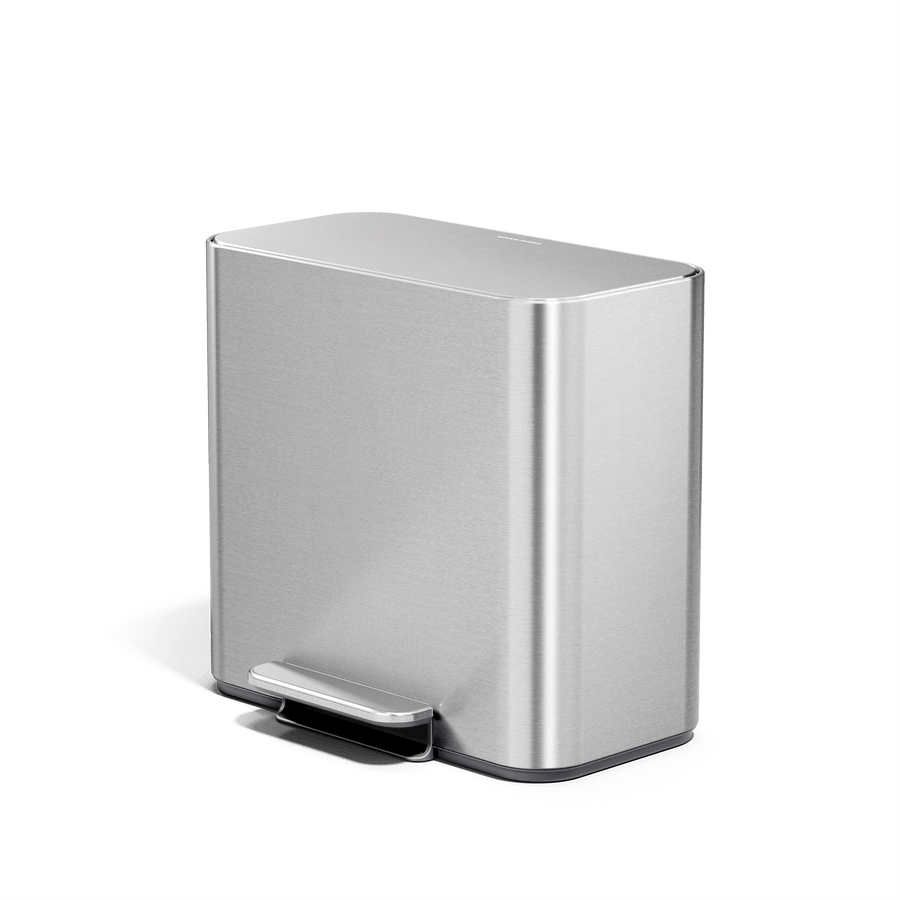 Simplehuman 15L Mini Recycler Step Can, Brushed Stainless Steel, angled view.