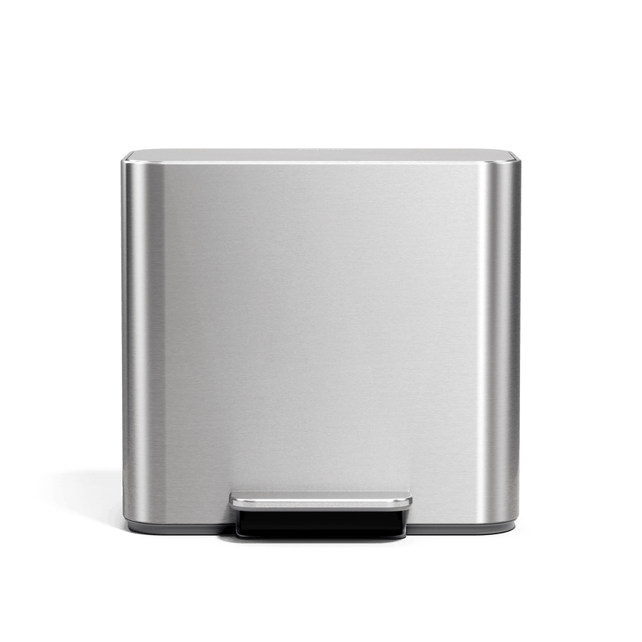 Simplehuman 15L mini recycler step can in brushed stainless steel tucked front view.