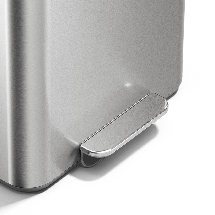 Simplehuman's 15L Brushed Stainless Steel Mini Recycler with pedal zoomed in view.