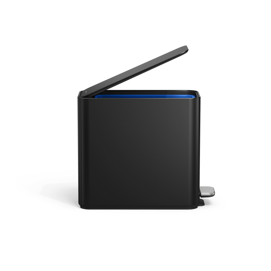 Simplehuman's 9L Slim Step Can in Matte Black side view with the lid open. 