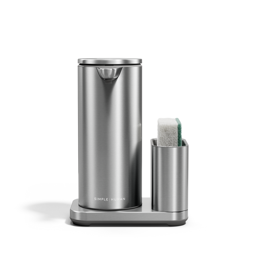 Simplehuman Brushed Stainless Steel 14 oz Sensor Pump + Caddy, touch-free operation and space-saving design.