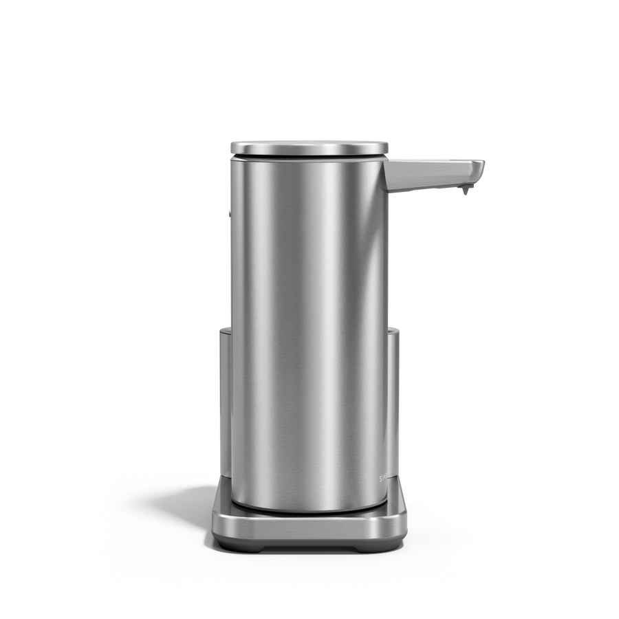 Side view: Simplehuman 14 oz Sensor Pump + Caddy, Brushed Stainless Steel, touch-free, rechargeable design.