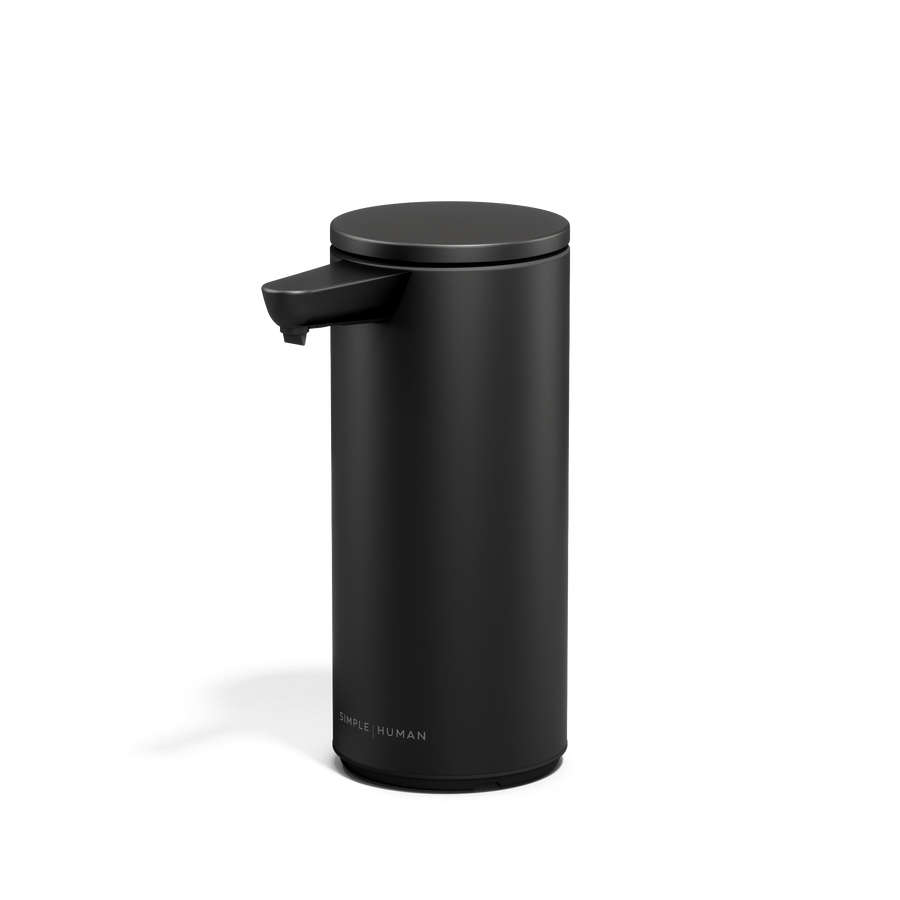 Angled view of Simplehuman 9 oz 266ml Rechargeable Sensor Pump in Matte Black, hands-free operation.