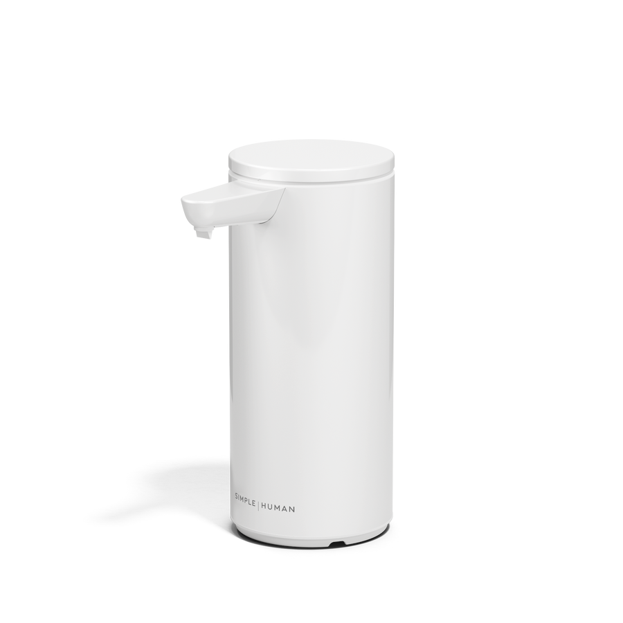 Angled view of Simplehuman 9 oz 266ml. Rechargeable Sensor Pump in White, touch-free operation.