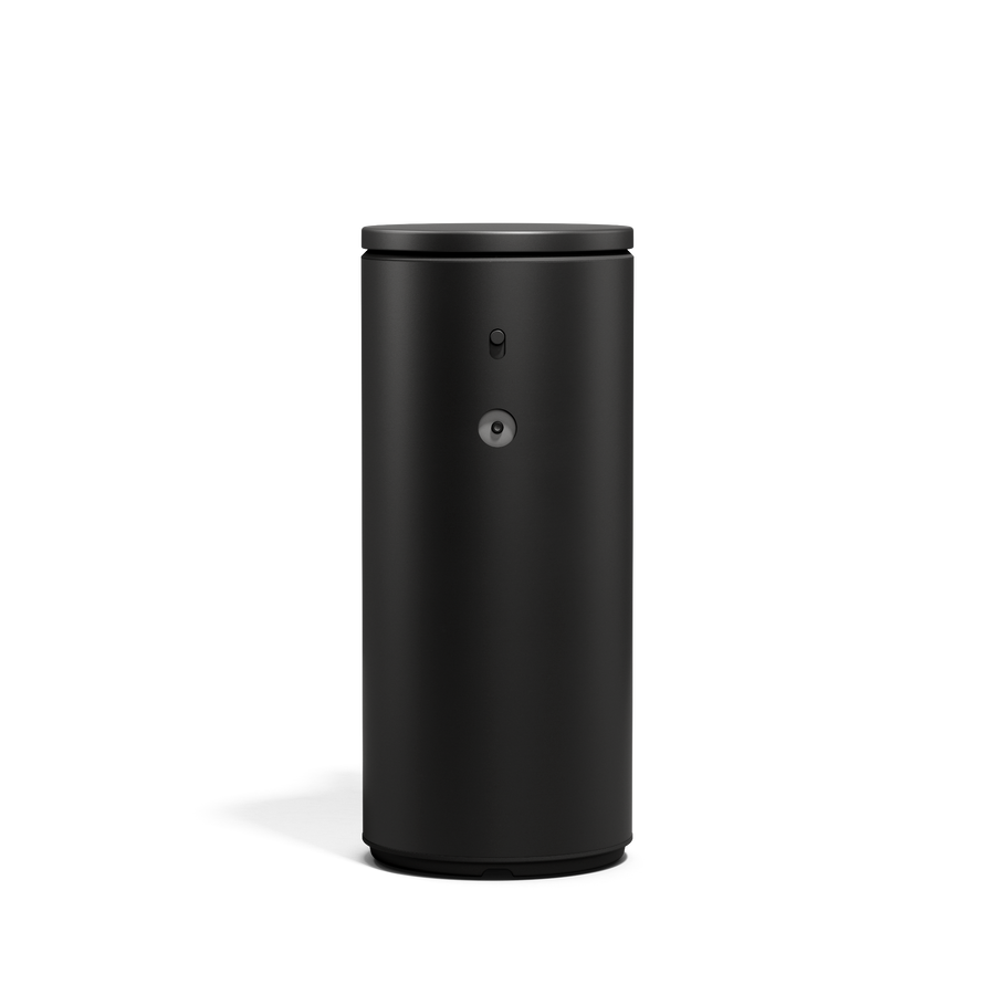 Detail view of Simplehuman 9 oz 266ml Sensor Pump in Matte Black, showing adjustable control switch.