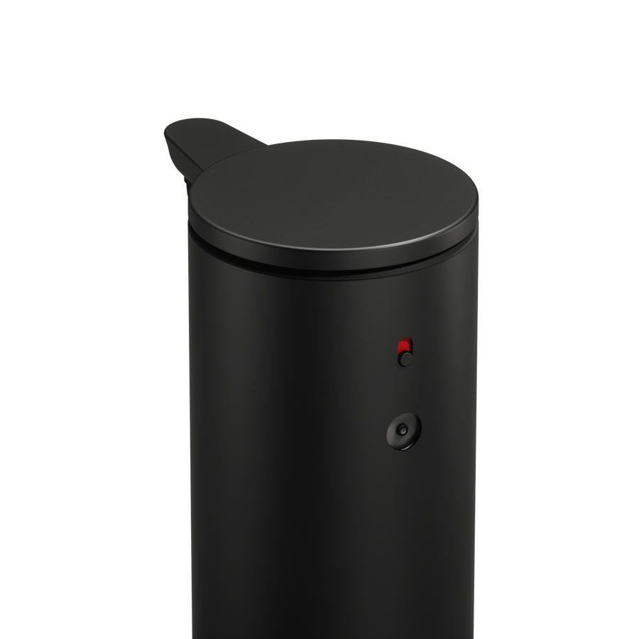 Close-up view of the Simplehuman 9 oz 266ml Sensor Pump in Matte Black, highlighting the top cap and adjustable controls.