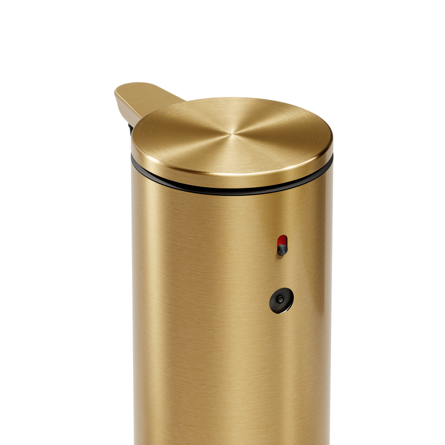 Simplehuman 9 oz or 266ml. Rechargeable Sensor Pump in Brass, close-up of adjustable dosage control.
