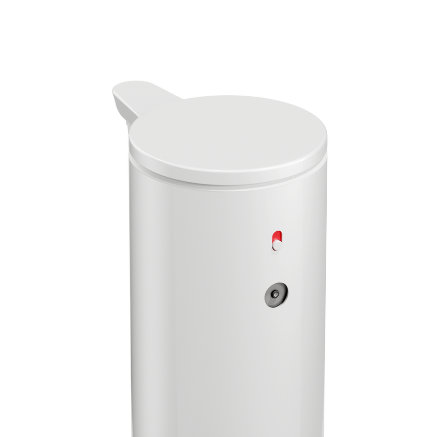 High-angle detail view of Simplehuman 9 oz 266ml. Sensor Pump (White), highlighting the dosage control switch.