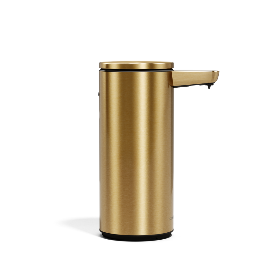 Side view of Simplehuman 9 oz or 266ml. Rechargeable Sensor Pump in Brass, hands-free liquid dispenser.