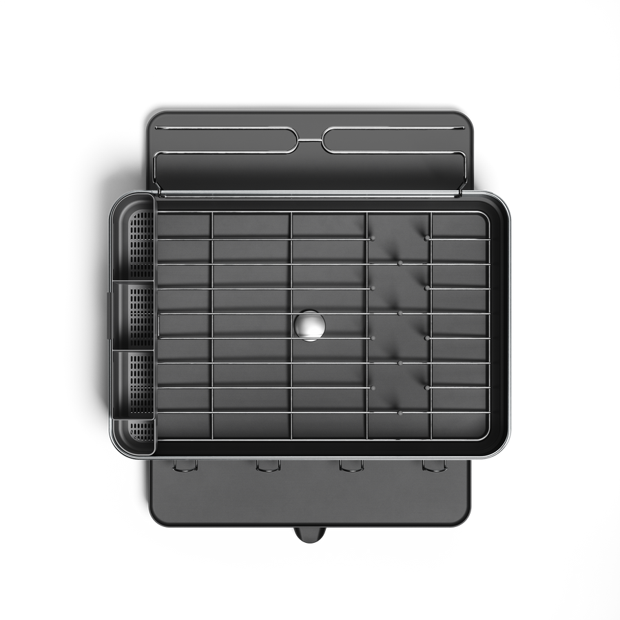Top view of Simplehuman Brushed Stainless Steel Steel Frame Dishrack showing modular layout, central drain plug, and utensil caddy area.