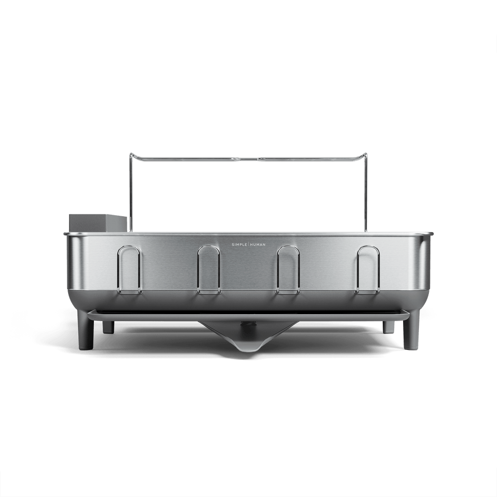 Simplehuman Brushed Stainless Steel Frame Dishrack, pivoting spout, and integrated utensil holder.