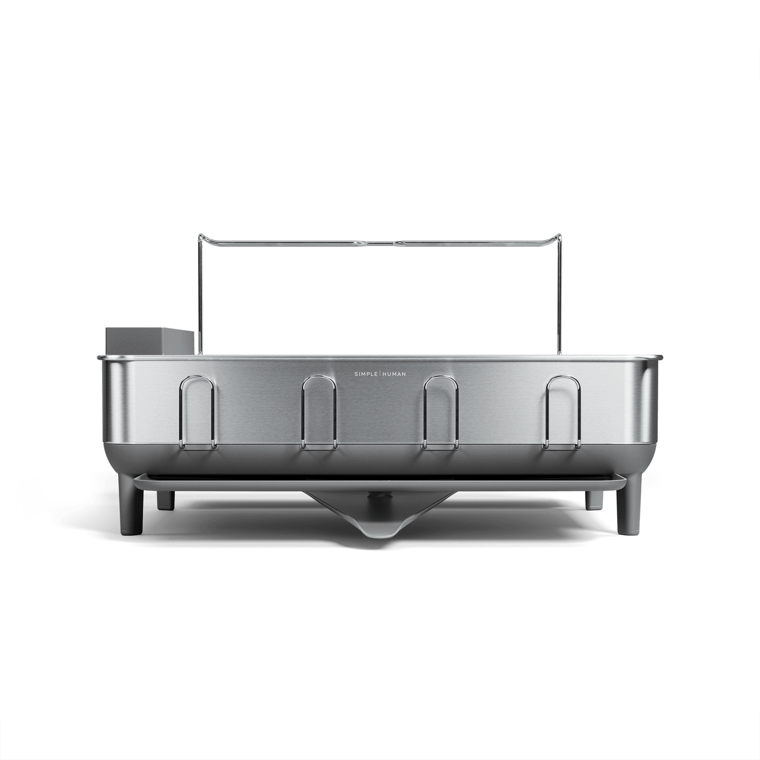Simplehuman Brushed Stainless Steel Frame Dishrack, pivoting spout, and integrated utensil holder.