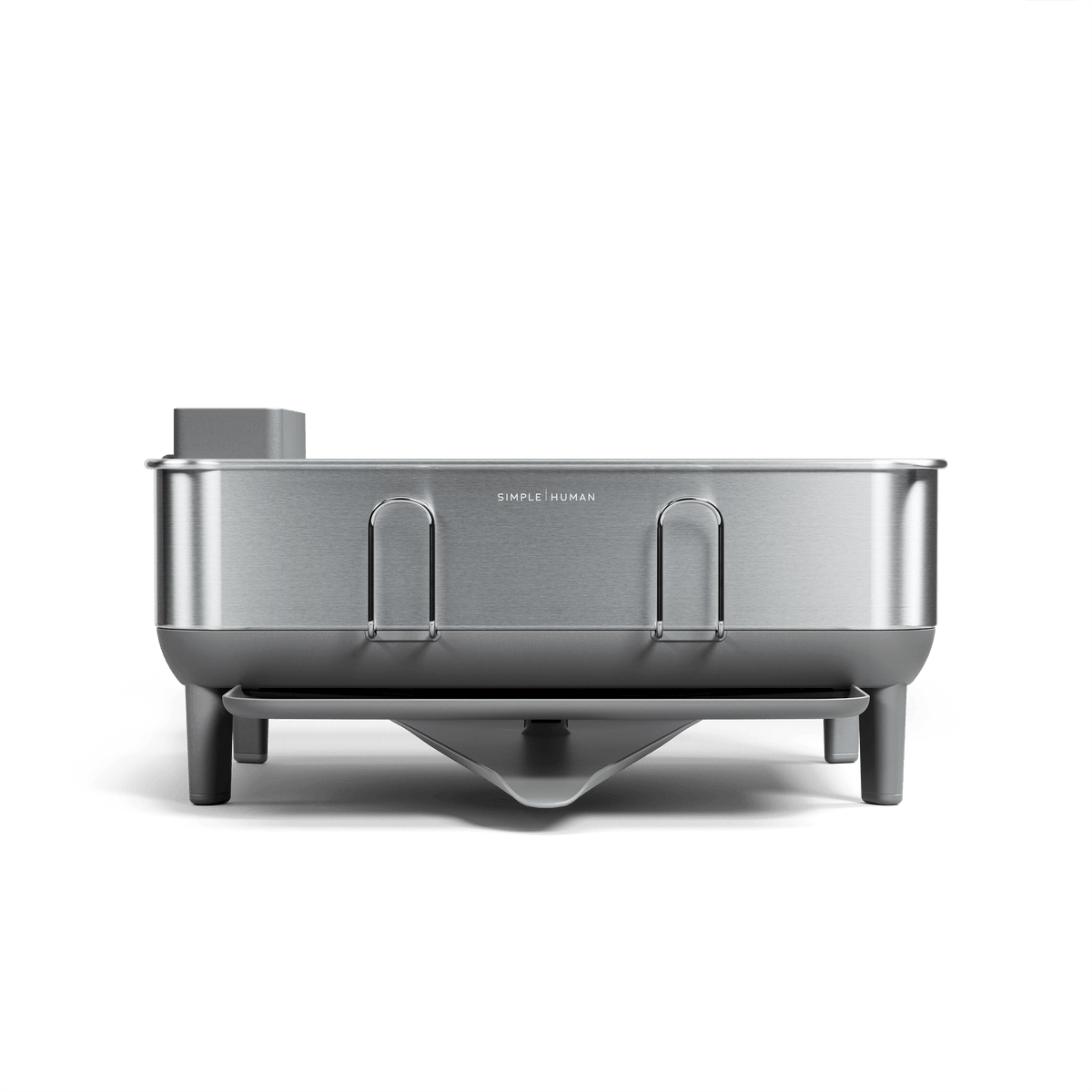 Front view of Simplehuman Compact Steel Frame Dishrack in Brushed Stainless Steel, featuring direct drainage spout.