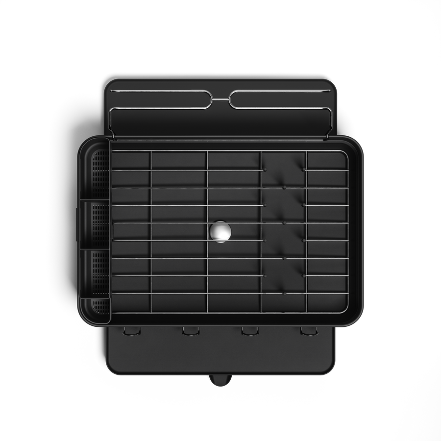 Overhead view of Simplehuman Matte Black Steel Frame Dishrack, showing central drain plug and integrated cup holders.
