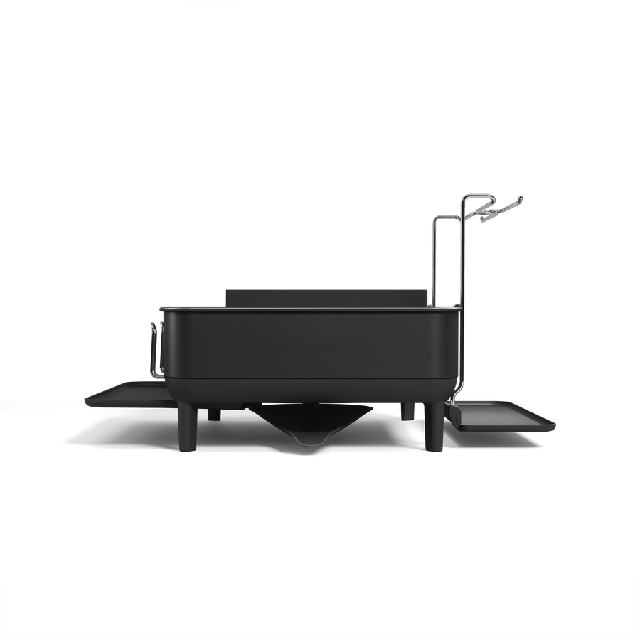 Simplehuman Matte Black Steel Frame Dishrack, side view detailing the pivoting drainage spout and integrated cup rack.
