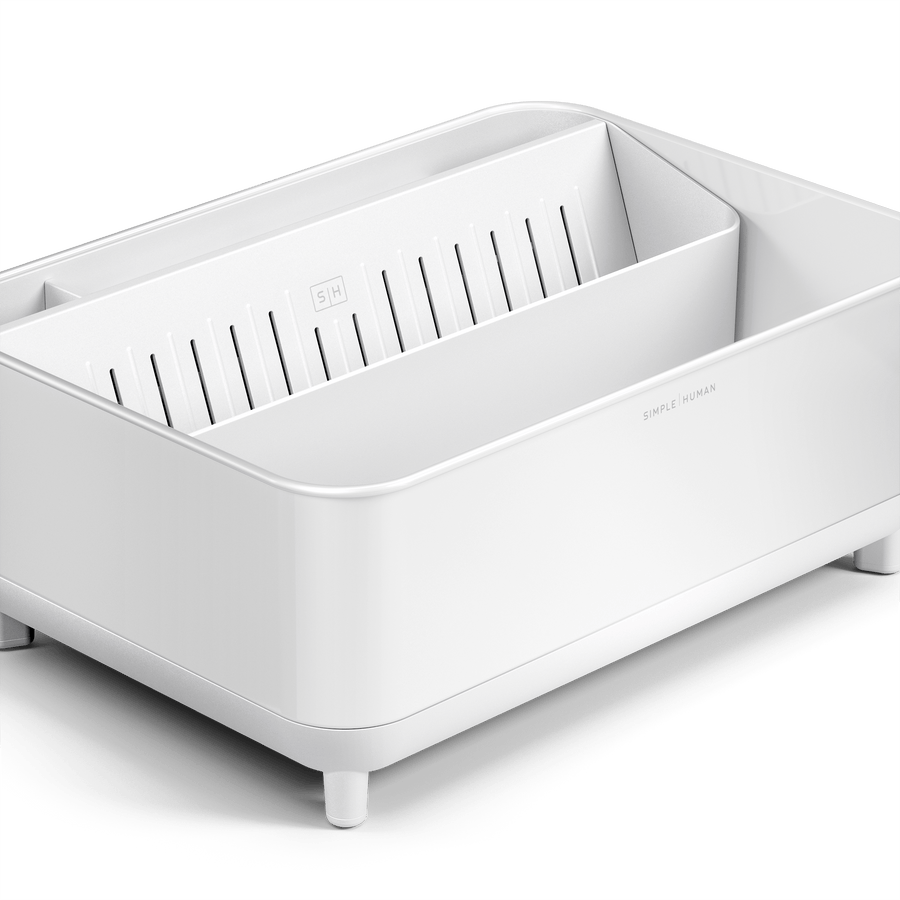 Close-up of Simplehuman White Bottle Dock showing inner drying tray and wire rack supports.