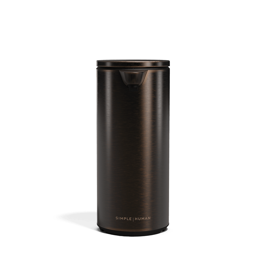 Simplehuman 9 oz. Rechargeable Sensor Pump in Dark Bronze, cylindrical design, touch-free adjustable dispensing.