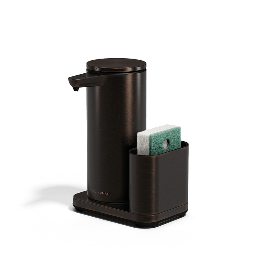 Angled view: Simplehuman Brushed Bronze 14 oz Sensor Pump + Caddy, touch-free, rechargeable, space-saving design.