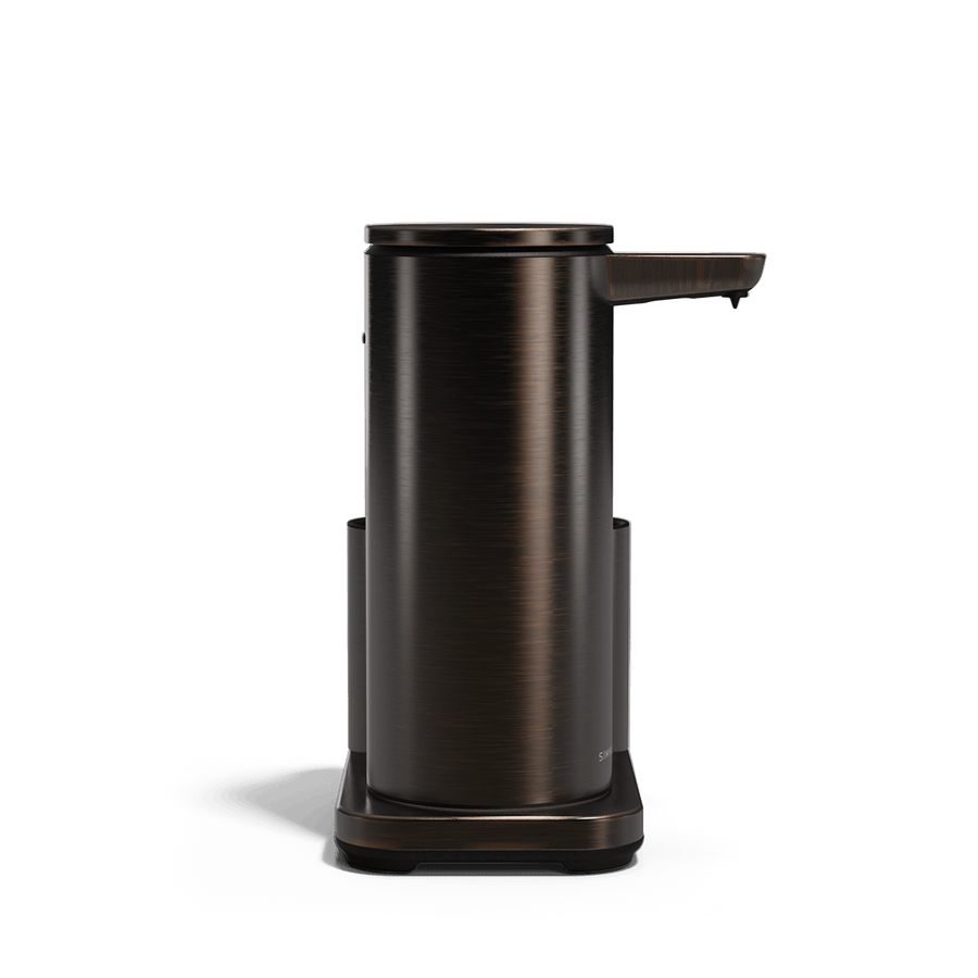 Profile view: Simplehuman Brushed Bronze 14 oz Sensor Pump + Caddy, touch-free rechargeable dispenser.