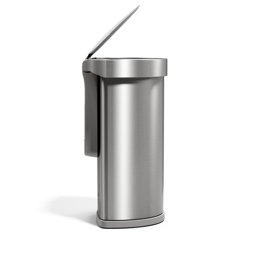 Side view of Simplehuman 45L Semi-Round Sensor Can, Brushed Stainless Steel, touch-free operation.