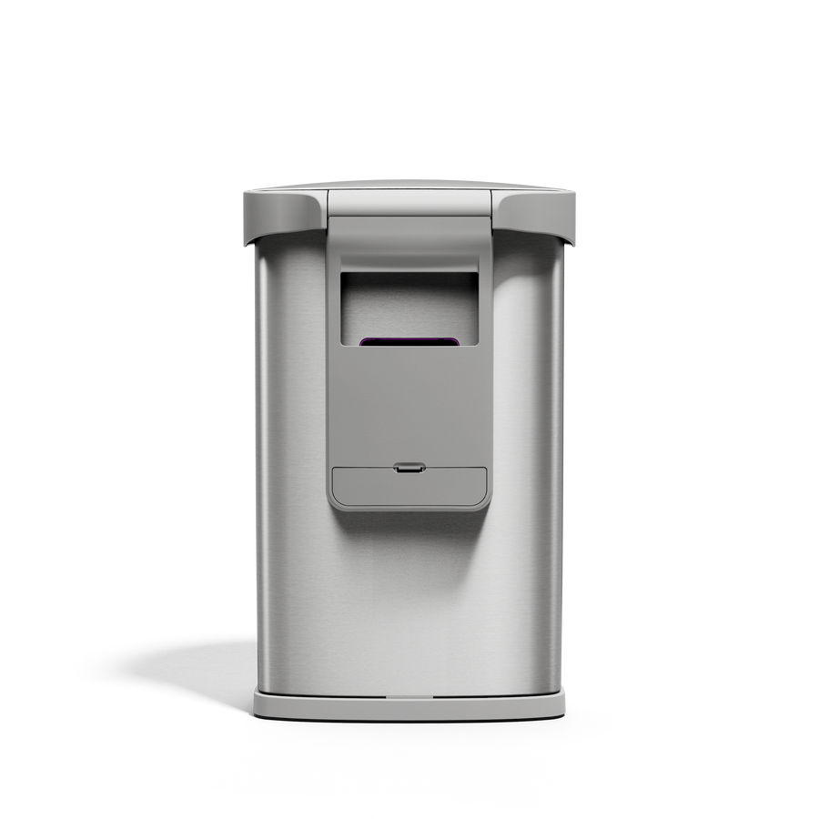 Back view of Simplehuman 45L Semi-Round Sensor Can, Brushed Stainless Steel, touch-free operation with liner pockets