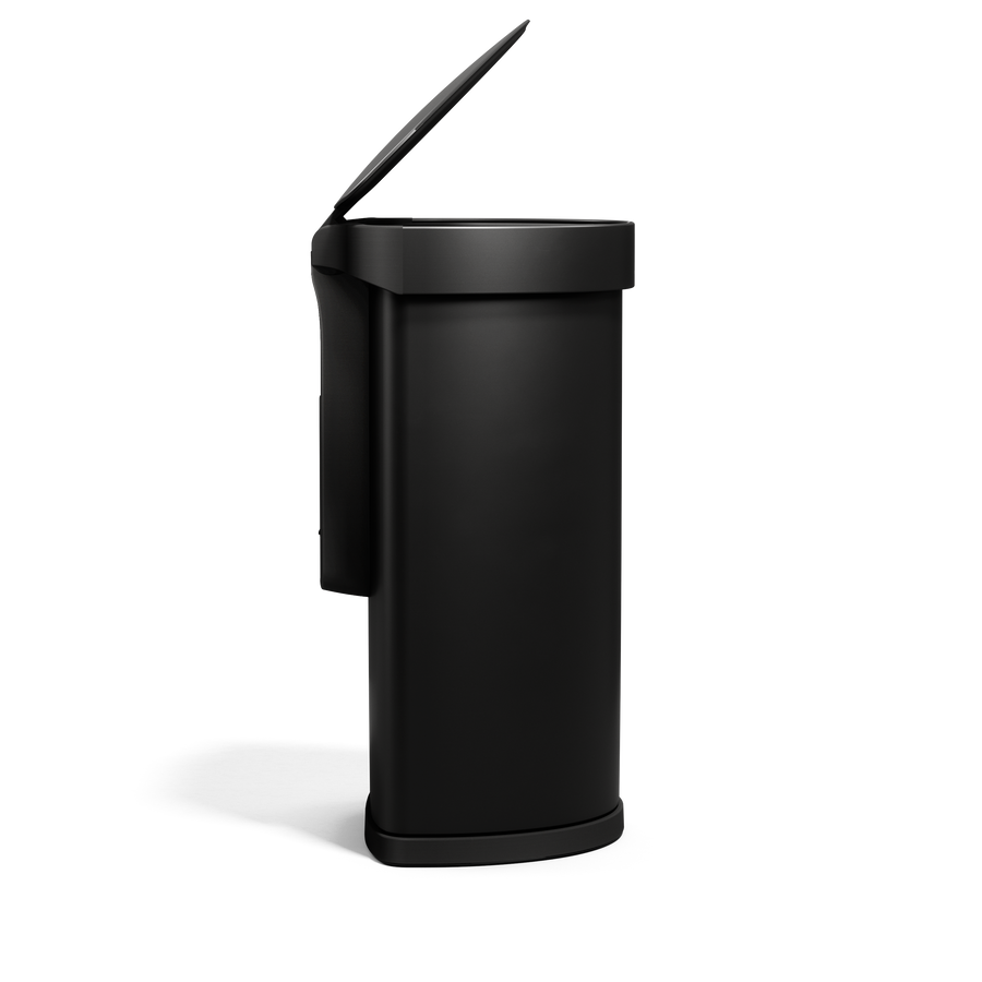 Side view of Simplehuman 45L Semi-Round Sensor Can, Matte Black, lid open, showing built-in liner pocket.