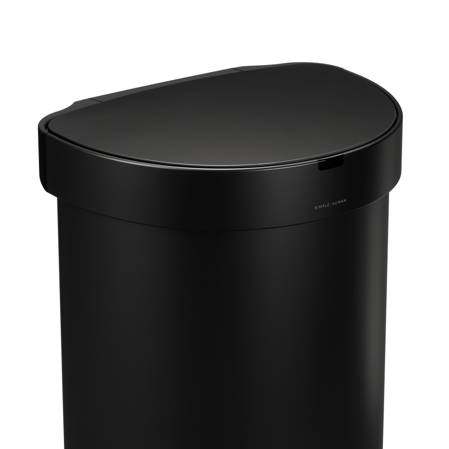 Detail view of Simplehuman 45L Semi-Round Sensor Can, Matte Black finish, highlighting the touch-free sensor.