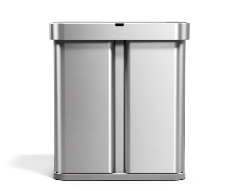 Simplehuman 58L Sensor Recycler, Brushed Stainless Steel, voice and motion Sensor dual bin for trash and recycling.