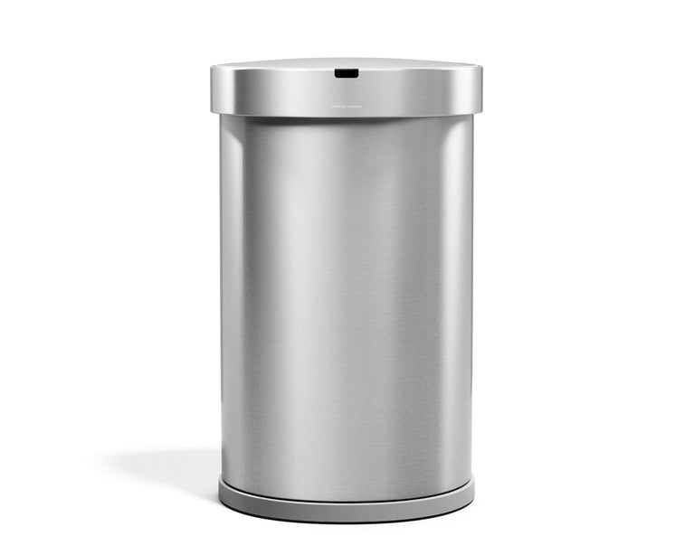 Simplehuman Semi-Round Sensor Can 45L in Brushed Stainless Steel, hands-free waste disposal. Rounded edges and a flat back for a softer, smarter fit.
