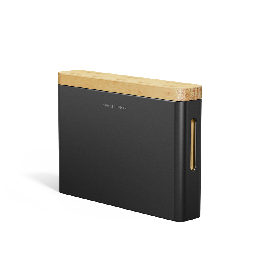 Simplehuman Matte Black Knife Block, angled view showing Bamboo top and side drip tray window.