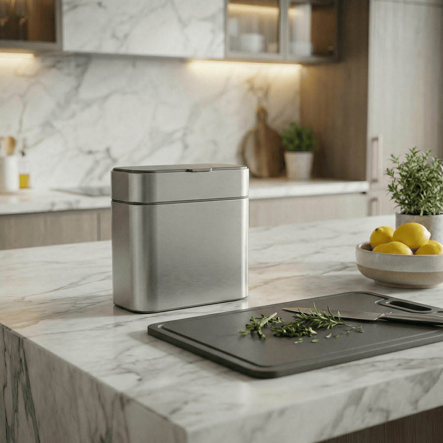 Simplehuman's Brushed Compost Caddy in a modern kitchen setting.