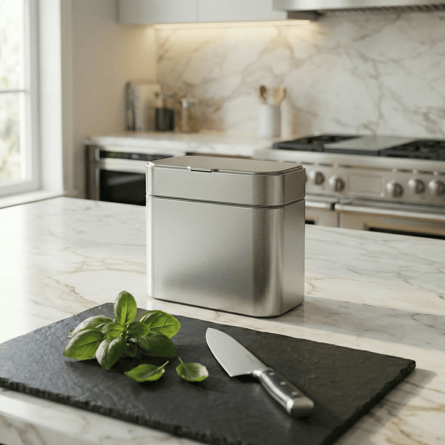 Simplehuman's Brushed Compost Caddy in a modern kitchen setting.