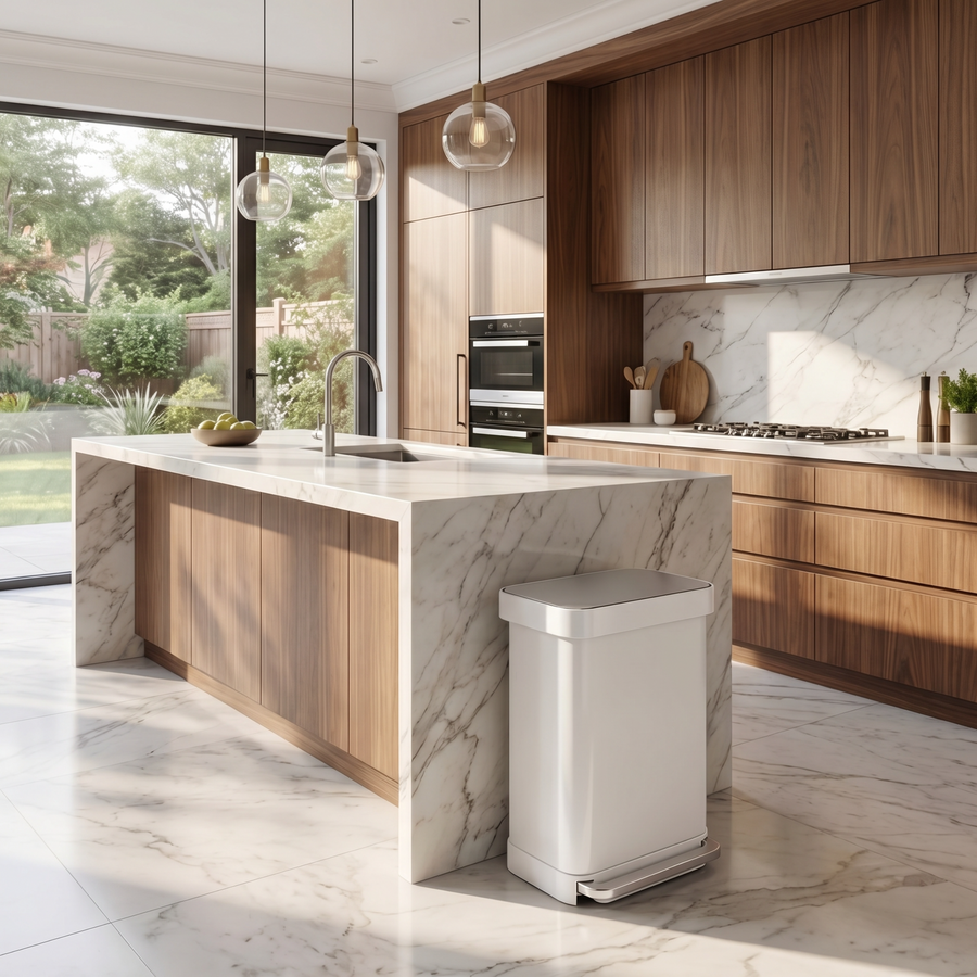 Simplehuman's 55L Rectangular Step Can in a modern kitchen setting with natural lights, marble countertops and wooden cabinets.