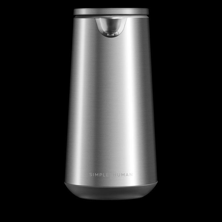 Simplehuman Sensor Pump Foam in brushed stainless steel, shown from the front against a black background.