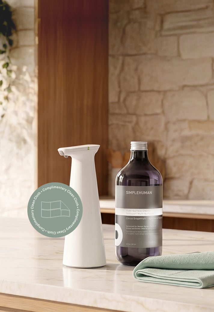 Sensor Spray with multi-surface cleaner refill and Clean Cloth on a kitchen counter.