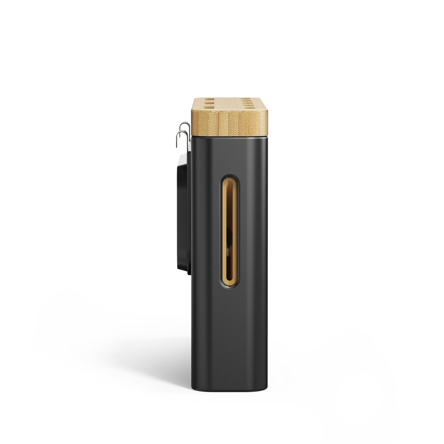 Side view of Simplehuman Matte Black Knife Block showing Bamboo top and removable drip tray access window.