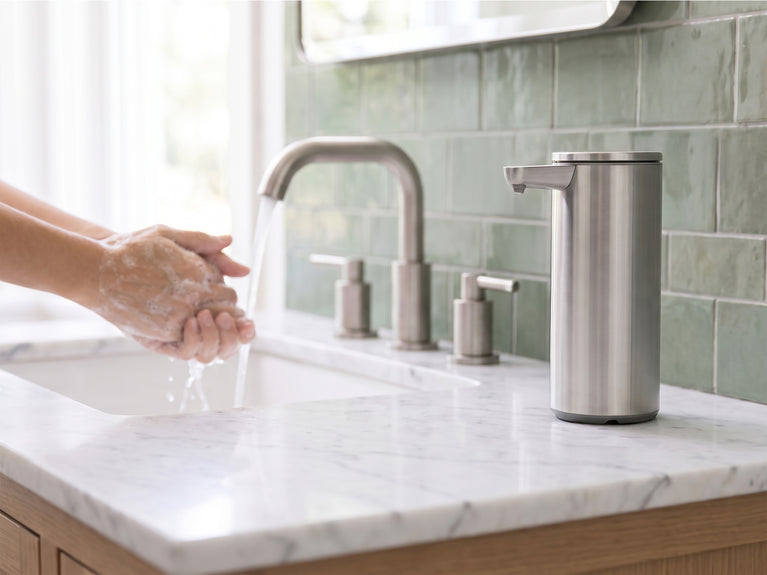 Person washing hands beside a brushed stainless steel Sensor Pump on a bathroom sink.