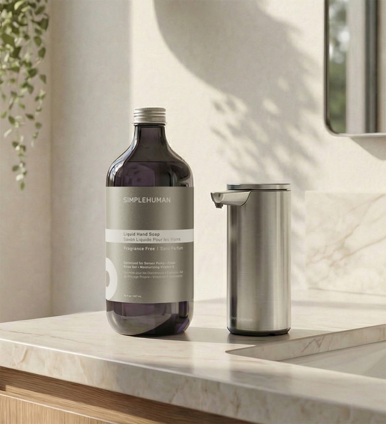Bottle of Simplehuman's Liquid Hand Soap with the 9 oz. Liquid Sensor Pump in Brushed. 