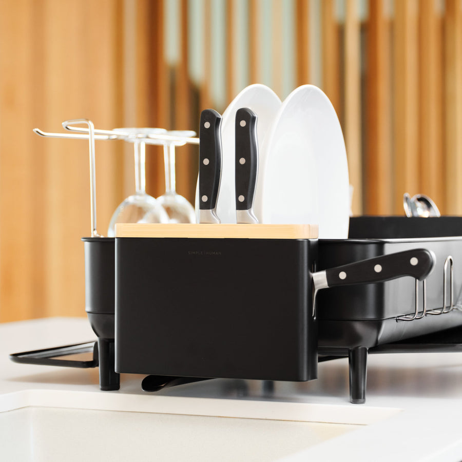 Simplehuman Matte Black Knife Block with Bamboo top, stylishly integrated with a dish rack/utensil caddy.