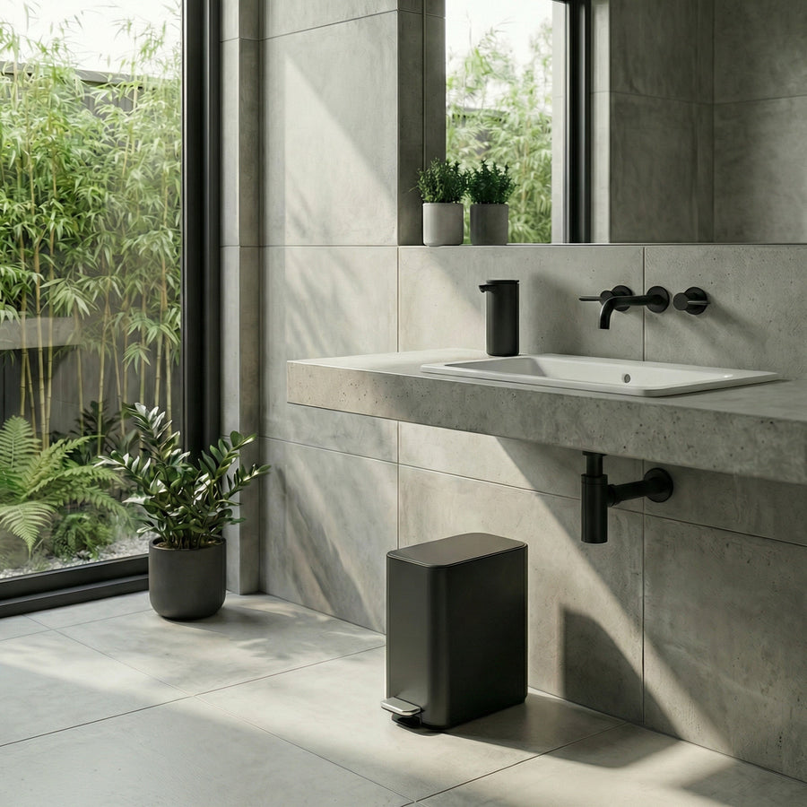Simplehuman's 5L Slim Step Can in a modern bathroom environment with neutral tiles on the walls and floors including greenery in the background.