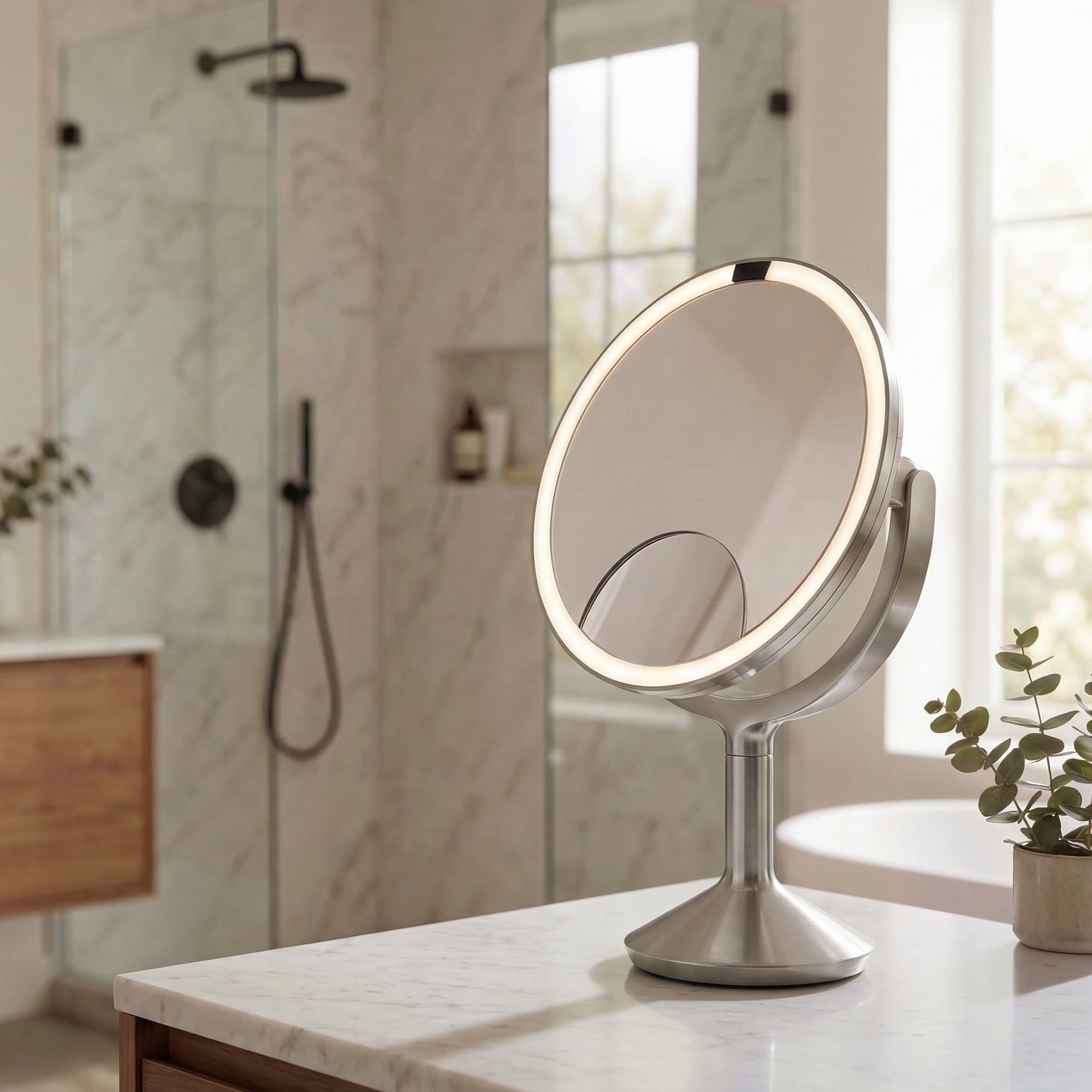 Simplehuman's Sensor Mirror Trio Max in brushed stainless steel in a bathroom setting with shower and plants in the background.