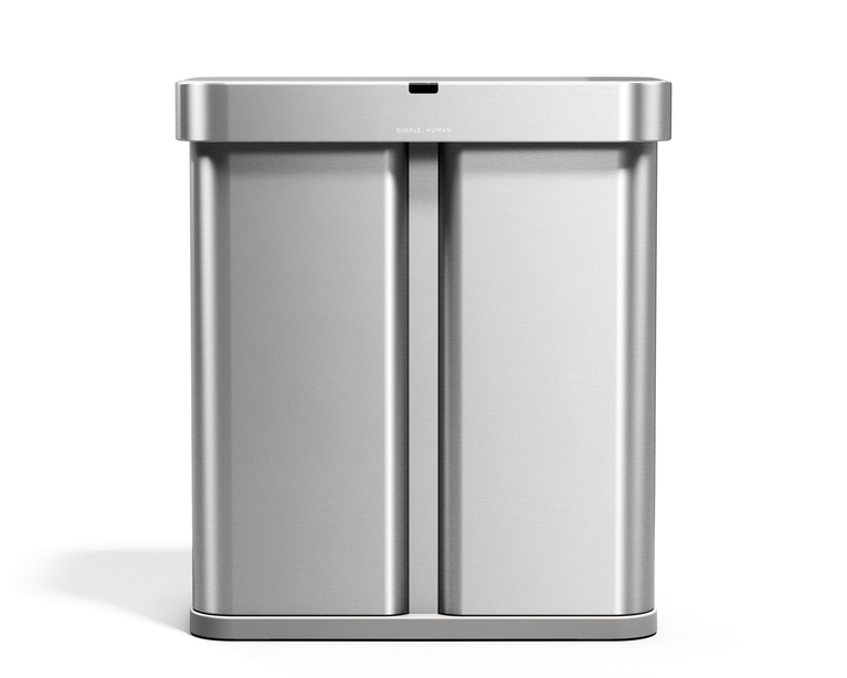 Simplehuman 58L Sensor Recycler, Brushed Stainless Steel, touch-free dual bin for trash and recycling. Voice and motion sensor for a seamless experience.