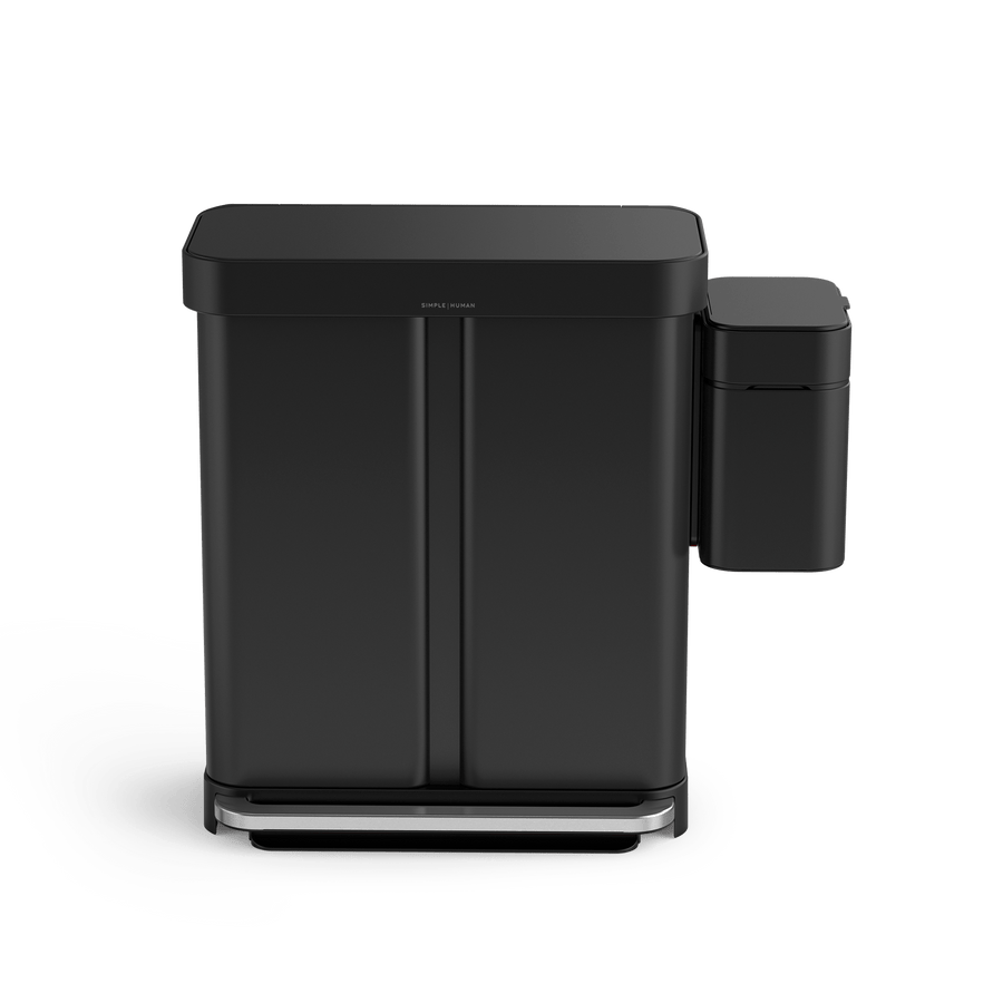 Simplehuman Matte Black Shredder and dual step can, hands-free operation via foot pedal and touch-free sensor.