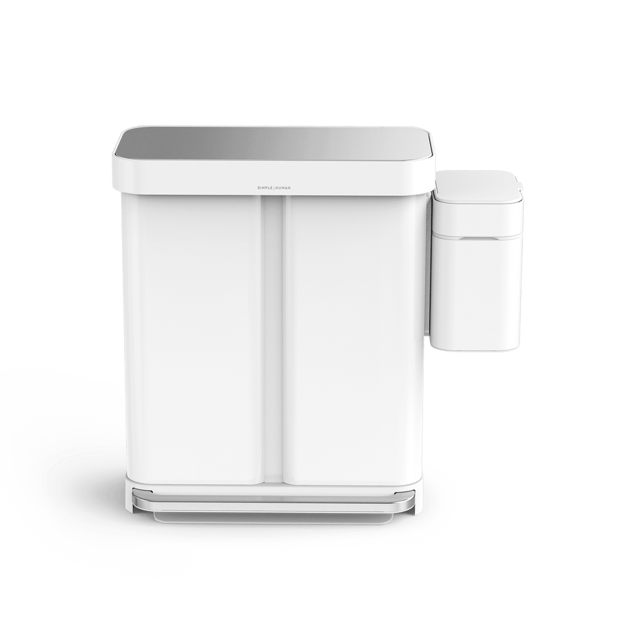 Simplehuman White Dual Step Can and Shredder combo, hands-free foot pedal and touch-free sensor operation.