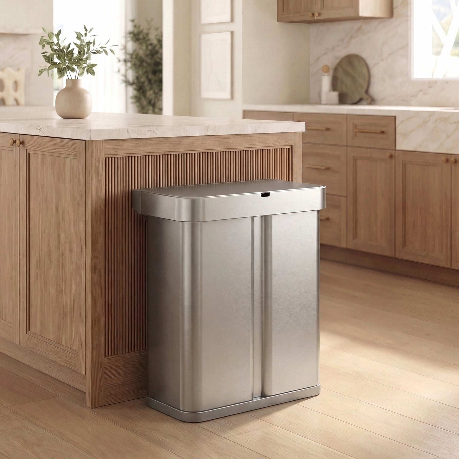 58L Sensor Recycler in brushed stainless steel beside a kitchen island.